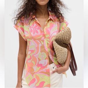 GAP vibrant tropical neon 100% cotton Women Pink Swirl Button Down Shirt S tall